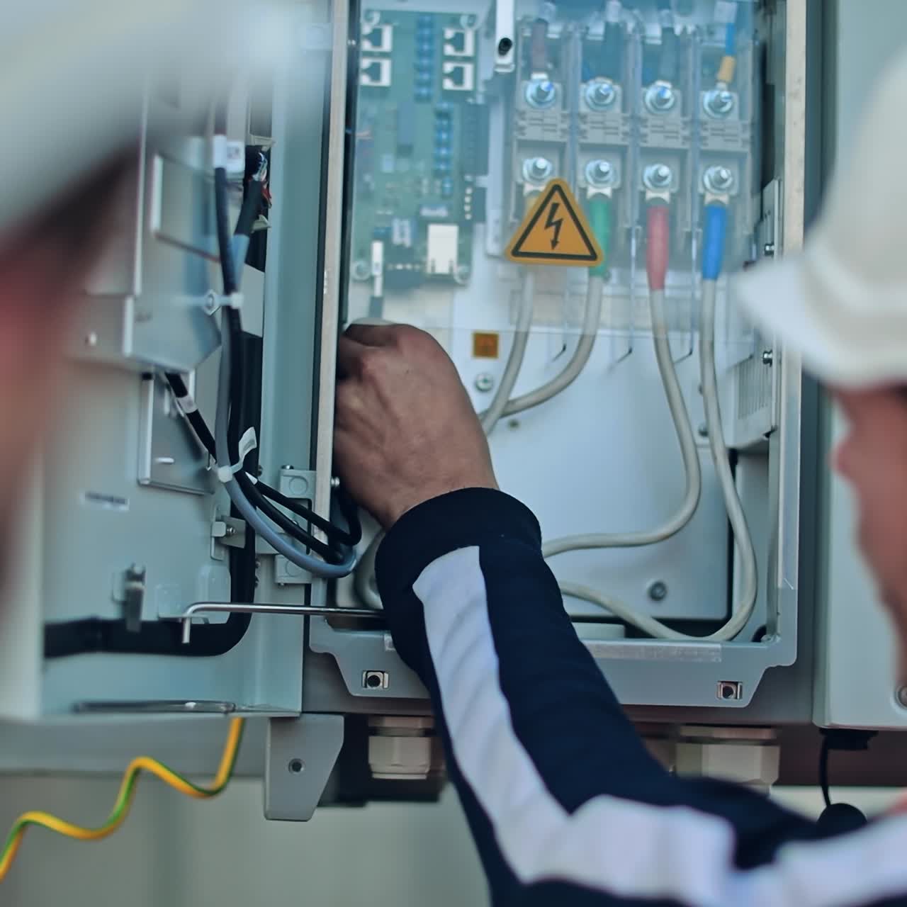 Engineers checking solar panel setup