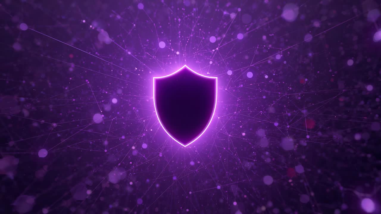 Pulsing shield silhouette responding to energy pulse in neon purple field, signaling protection