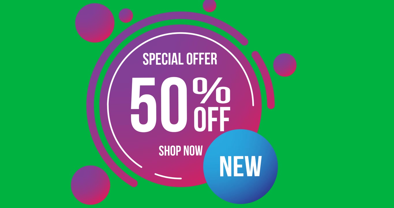 Animazione digitale del testo "50 percento di sconto" su un banner circolare viola su sfondo nero