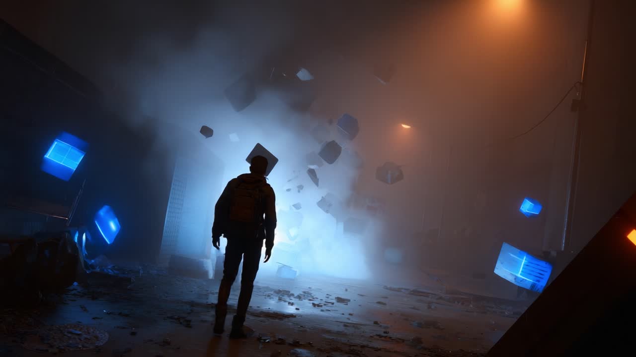 A lone figure walks through a surreal, foggy street scene as mysterious blue luminous cubes float and swirl in the air, creating an enchanting yet eerie atmosphere of wonder