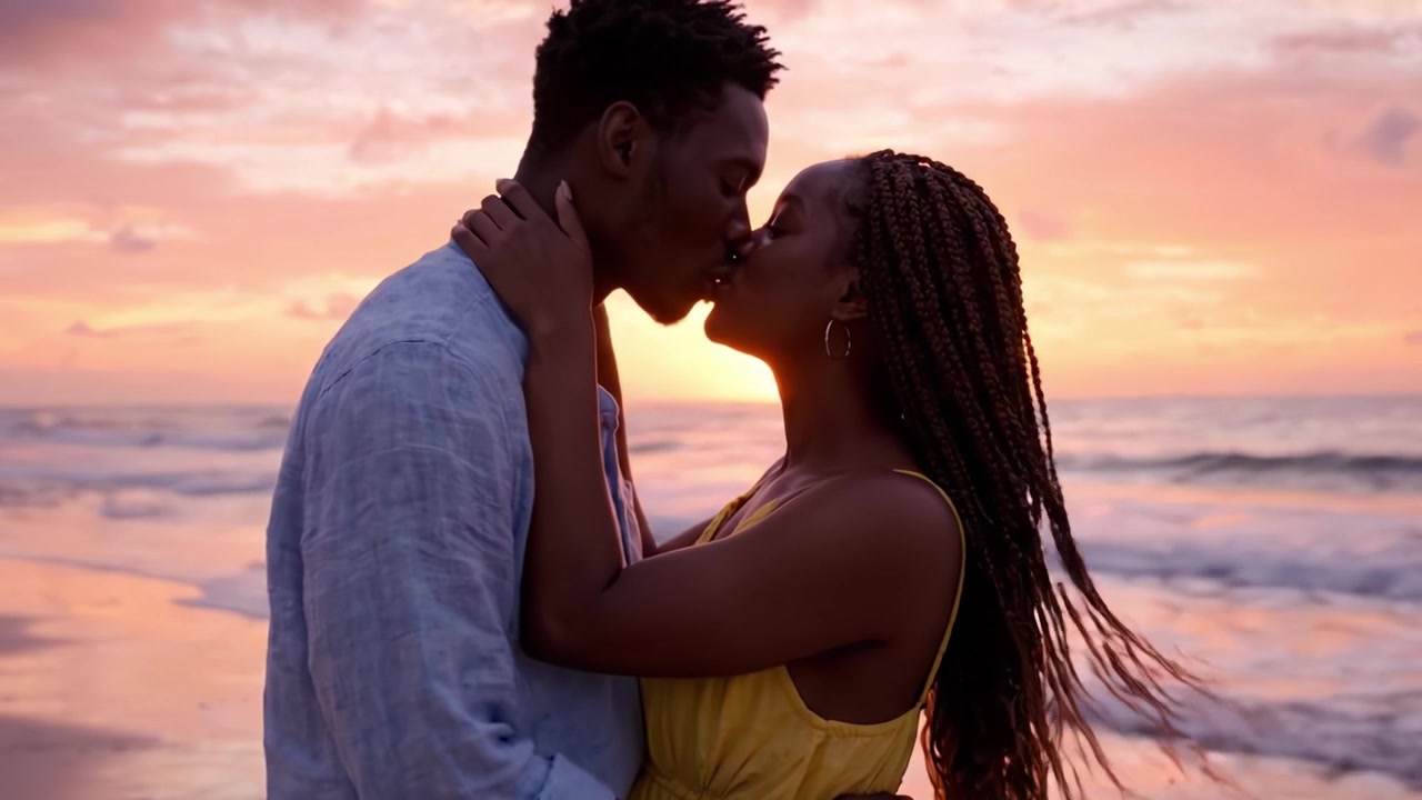 Étreinte Romantique au Coucher de Soleil : Un Couple Célèbre l'Amour sur la Plage, Baigné par la Lumière Chaleureuse d'un Ciel de Soirée Éclatant