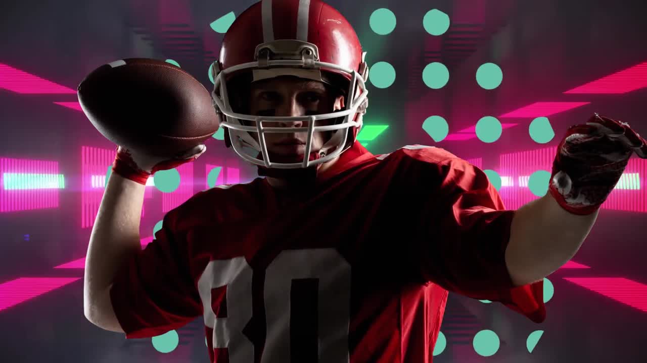 Giocatore di football americano che tiene l'elmetto su punti luce su sfondo di forme americane.