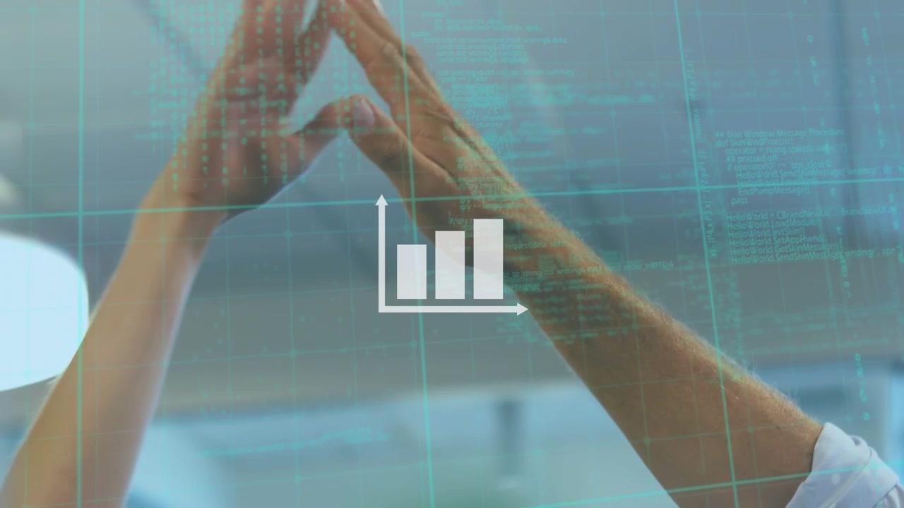 Animazione di elaborazione dati e diagramma su diversi professionisti che si danno il cinque.