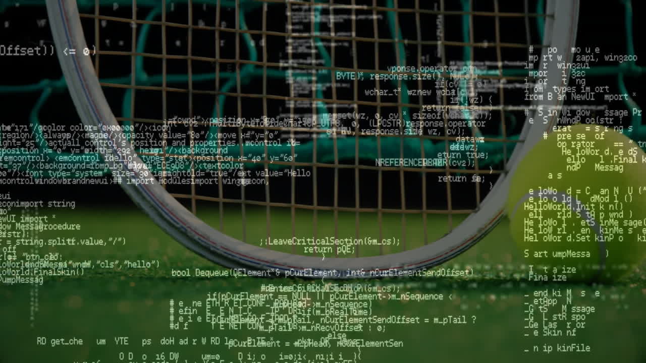 Tennis racket frame resting edge-down on green grass court, tennis ball sitting beside taut net