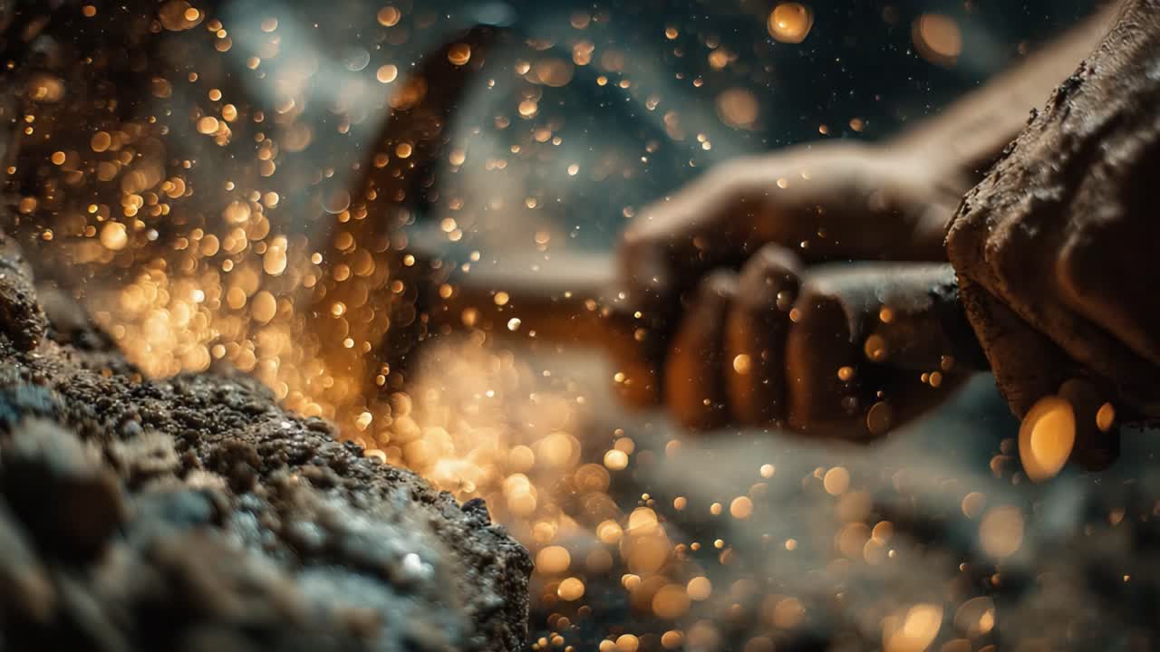 Capturing the Intense Moment of Rock Working: A Craftsman's Hands Skillfully Using a Hammer, Creating Sparks in a Dusty Workshop Environment