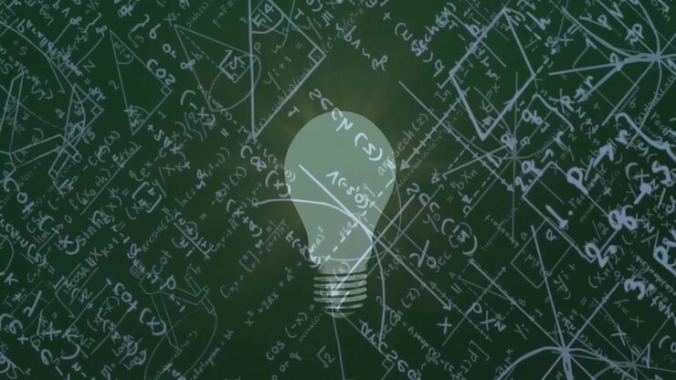 Glowing lightbulb silhouette floating over chalkboard showing math formulas and geometry diagrams
