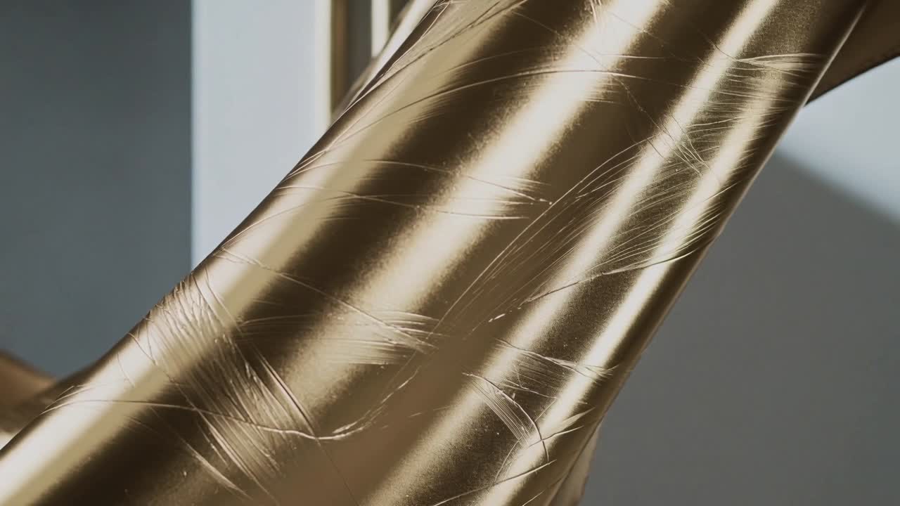 Telecamera in movimento che si avvicina a una lamina d'oro in studio, vicino a una parete grigio chiaro con un palo, rivelando dei graffi.