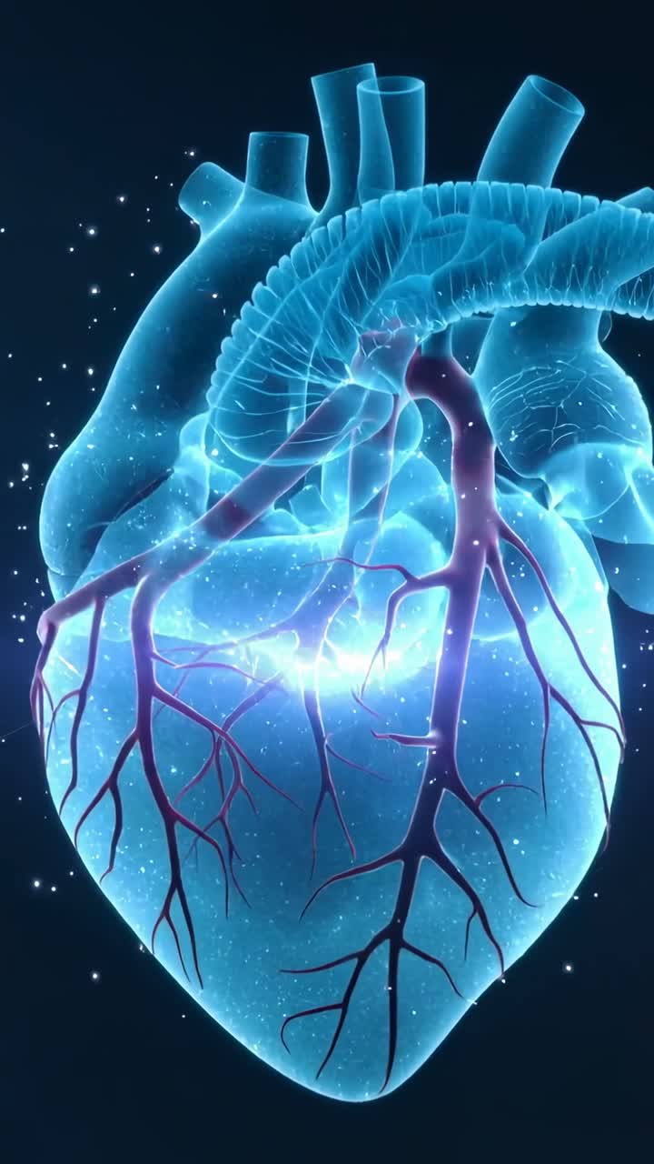 Vertical video: Playback starting 3D heart rotating and pulsing in studio to reveal vessels glowing