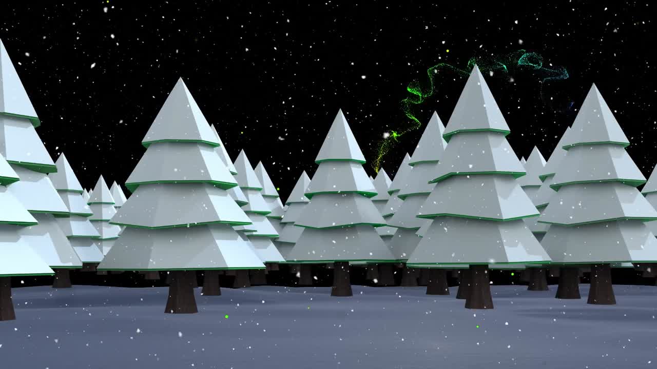 Animation of snow falling over christmas trees in winter scenery