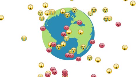 Animation-of-diverse-emoticons-floating-over-globe-on-white-background