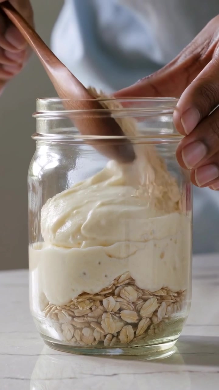 Video verticale: Cucchiai che raccolgono la crema, cuoco con camicia azzurra che stratifica l'avena in un barattolo sul bancone.