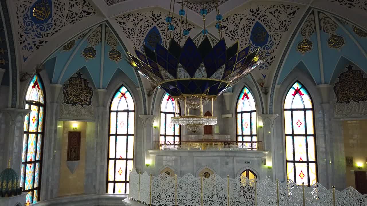 Mind blowing chandelier inside of Qol Sarif Mosque in Kazan, Russia. Motion shot