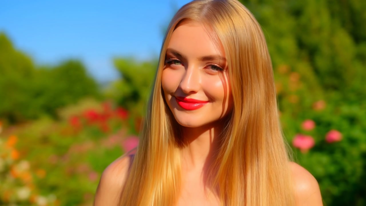 Primo piano (testa e spalle) di una giovane donna bionda che sorride alla fotocamera in un giardino soleggiato con fiori sfocati e fogliame verde.