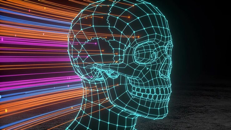 Crânio de malha neon ciano reagindo e pulsando enquanto rastros neon se intensificam no espaço escuro, partículas em movimento