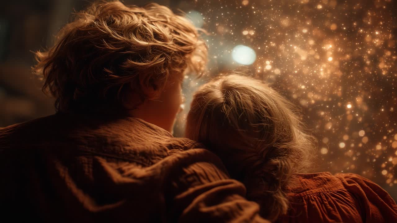 A Magical Moment of Connection: Two Figures Embrace Under a Starry Sky, Radiating Warmth and Wonder in a Dreamlike Atmosphere