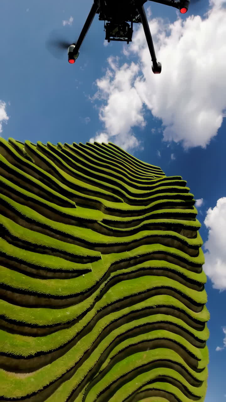 Drone flying over a terraced green structure under a blue sky