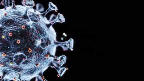 microscopic visualization of viral structure and release mechanism, showcasing individual particles and their interaction in a detailed scientific representation