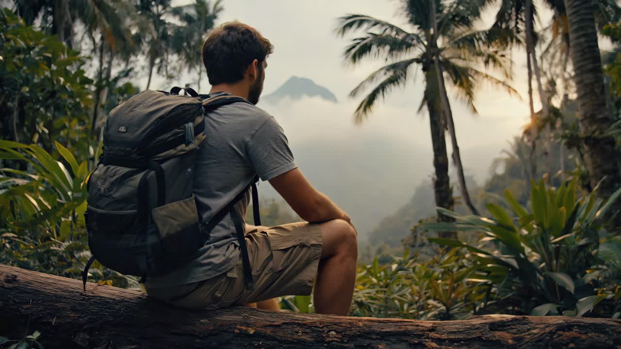 Uomo con zaino in spalla contempla vista sulle montagne nella giungla tropicale