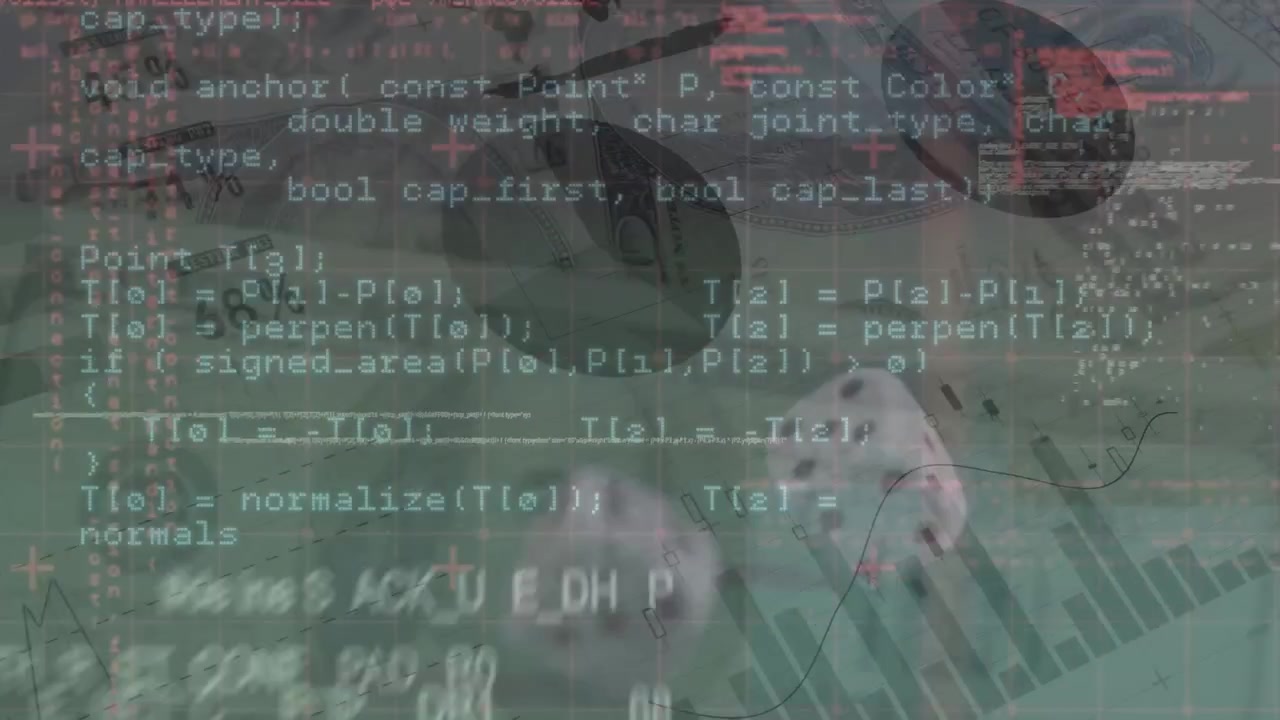 Animation of data processing over dices and banknotes