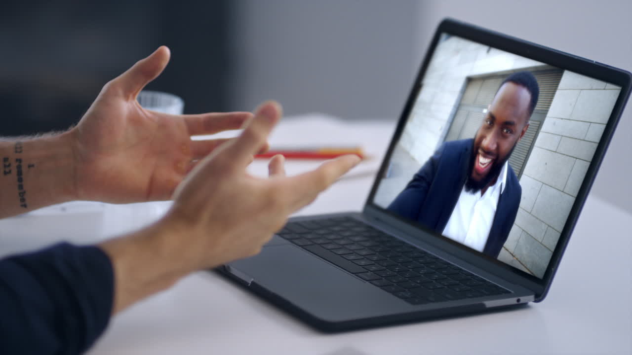 Business men distance meeting by office laptop closeup. Manager enjoy video call