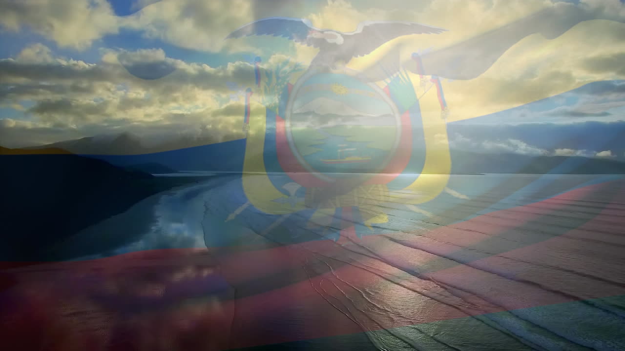 animación de la bandera de ecuador ondeando sobre el paisaje marino de la playa