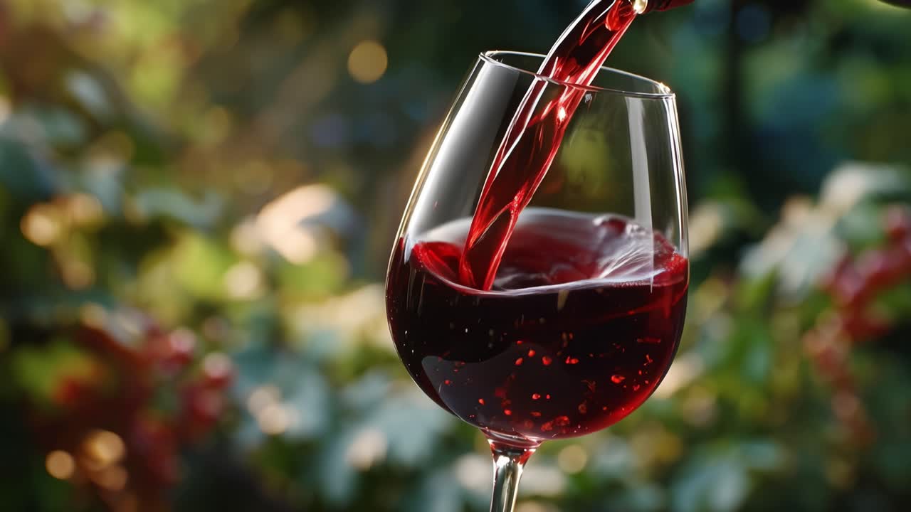 Vino rosso si versa in un bicchiere. La luce del sole risplende attraverso viti verdi. Il liquido turbina, catturando la luce. Sfondo sfocato, ambientazione naturale. Momento rilassante, eleganza semplice.