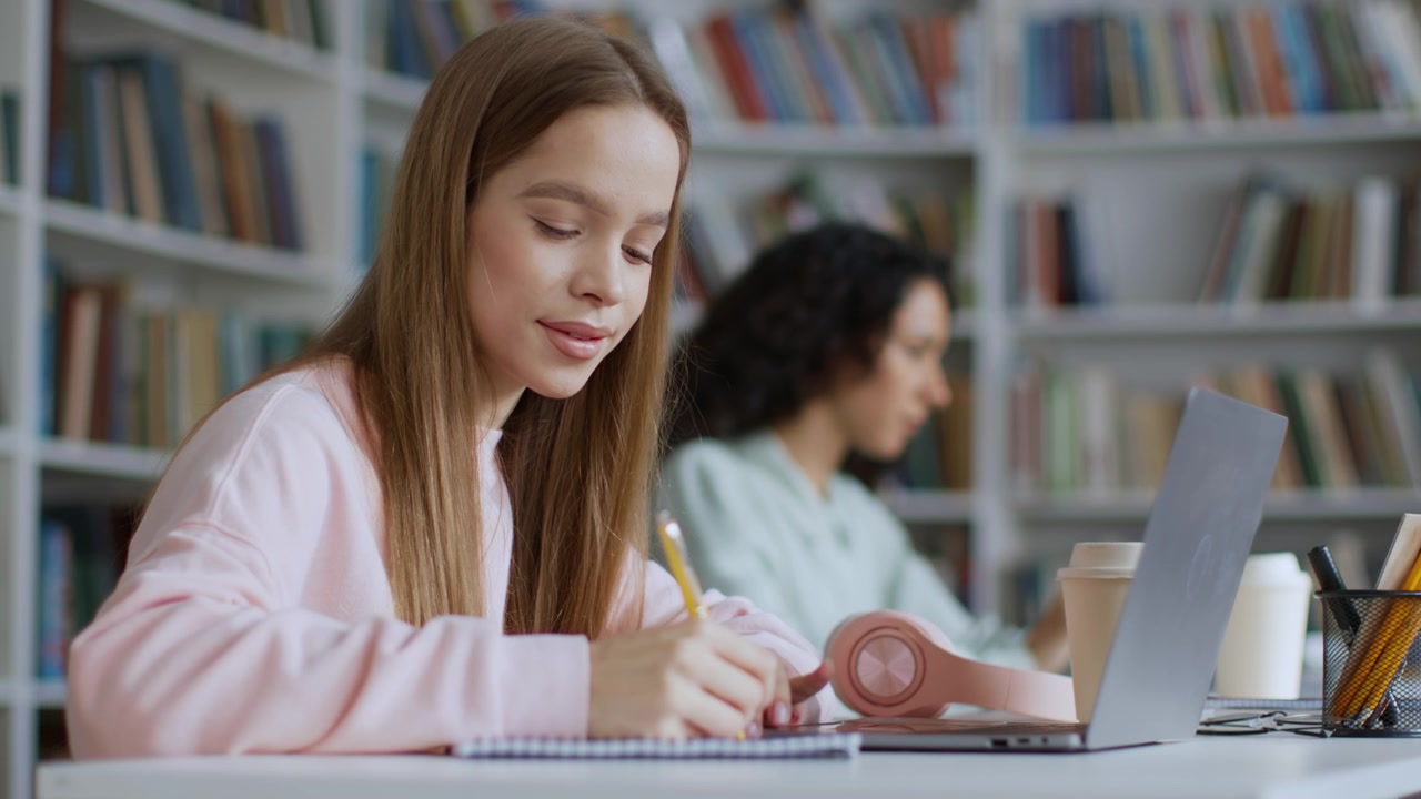 Ung student som skriver i en notatbok mens hen studerer på biblioteket