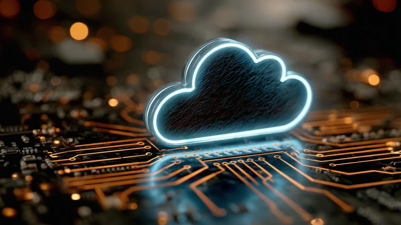 A Glowing Cloud Icon on a Circuit Board: Representing Cloud Computing and Modern Technology Innovations with Striking Visuals and Futuristic Design Elements