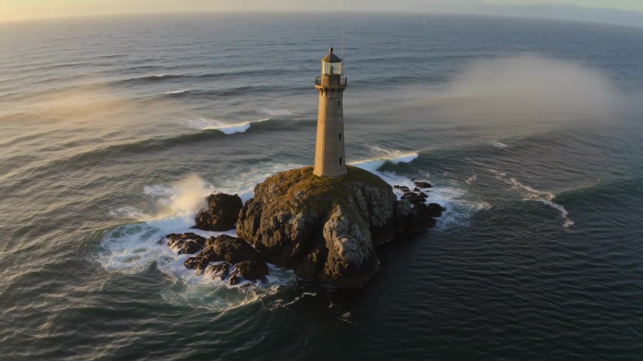 Telecamera aerea in movimento si avvicina a un faro su un isolotto roccioso in mare, con onde che si infrangono e nebbia alla deriva.