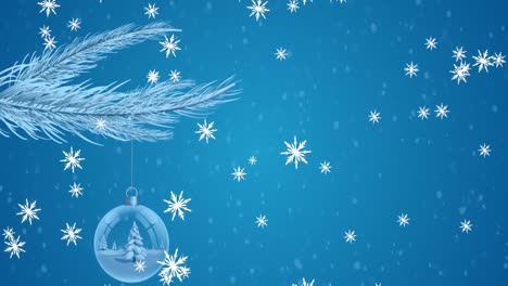 Animation-of-snow-falling-over-christmas-tree-with-bauble-on-blue-background