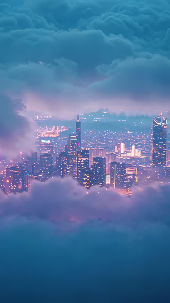 Vídeo vertical: drone voando e revelando o horizonte da cidade à noite, mostrando pináculo, neblina e rastros de luz