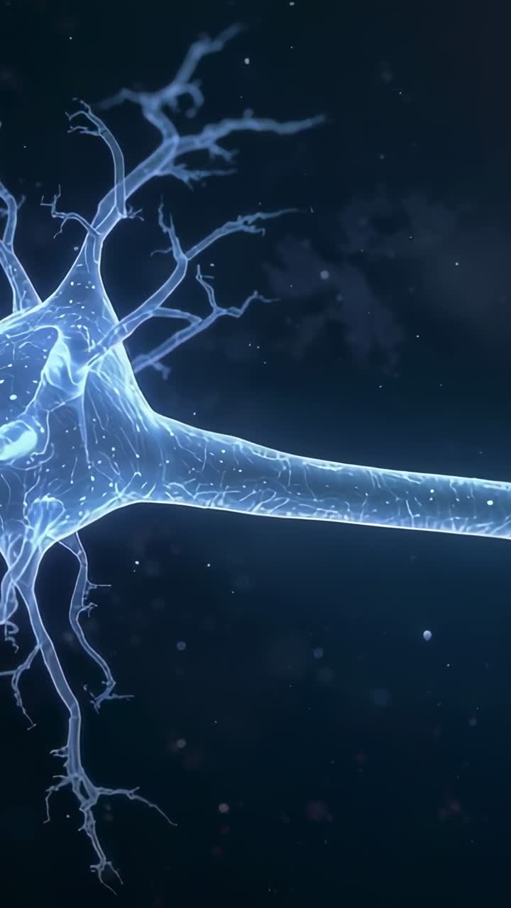 Vertical video: Panning lens causing glowing neuron soma drifting in blue medium showing axon dots