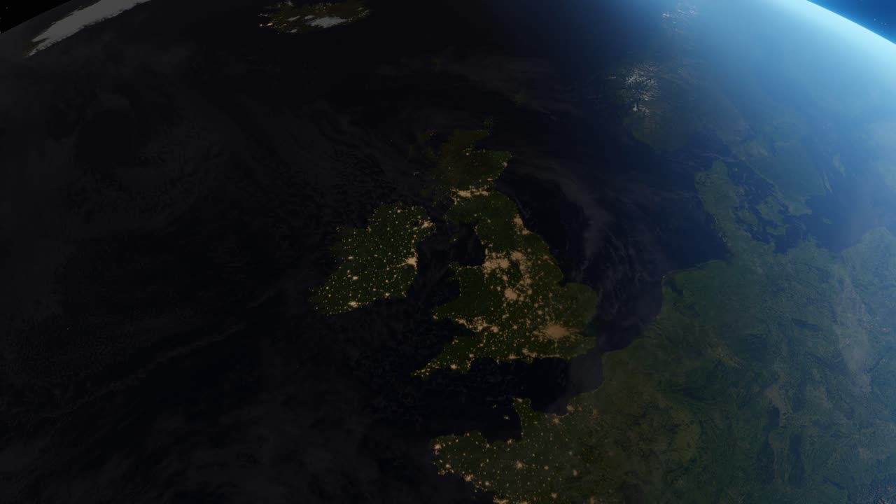 3D Animation showing the UK from space during the transition from day to night