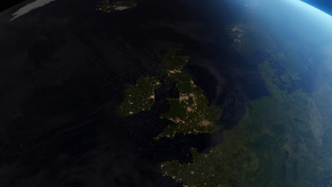 3D Animation showing the UK from space during the transition from day to night