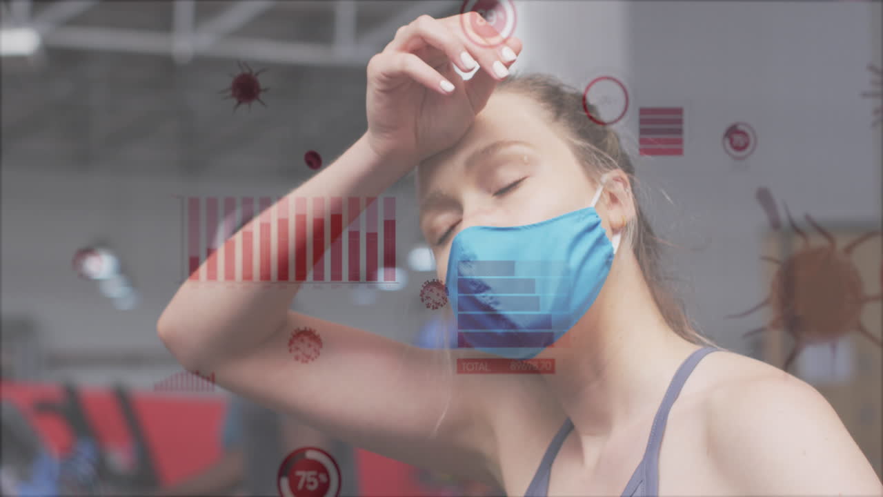 procesamiento de datos estadísticos de coronavirus contra una mujer que usa una máscara tomando un descanso en el gimnasio