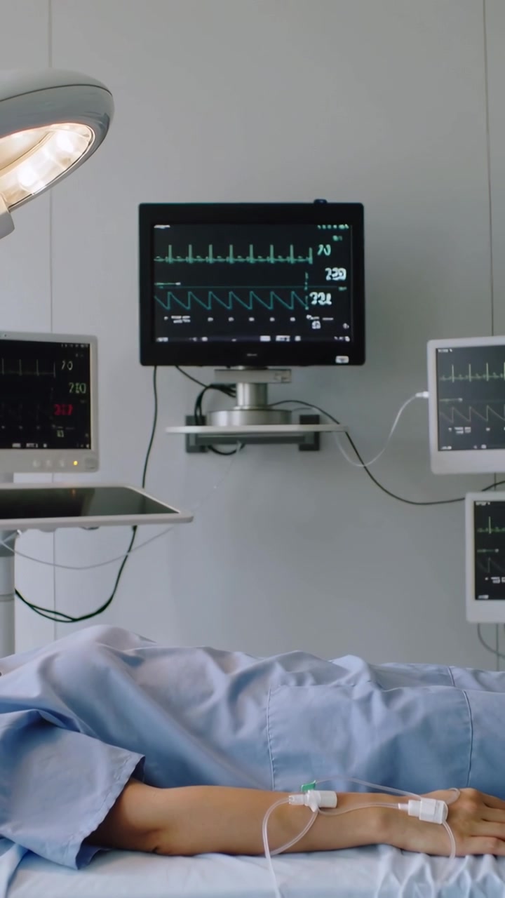 Video verticale: Inquadratura iniziale che mostra un paziente sdraiato in camice in reparto, con un monitor che controlla l'ECG e la flebo.
