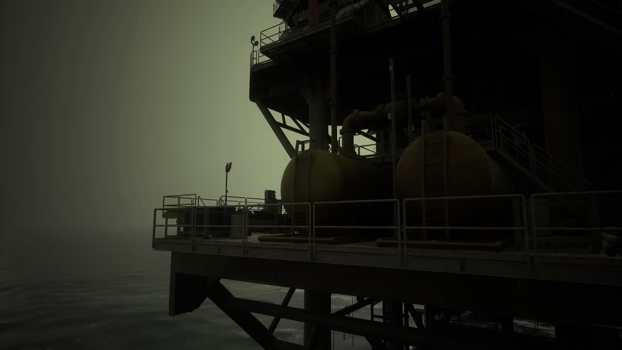 Nighttime operations on an oil rig in rough waters under cloudy skies