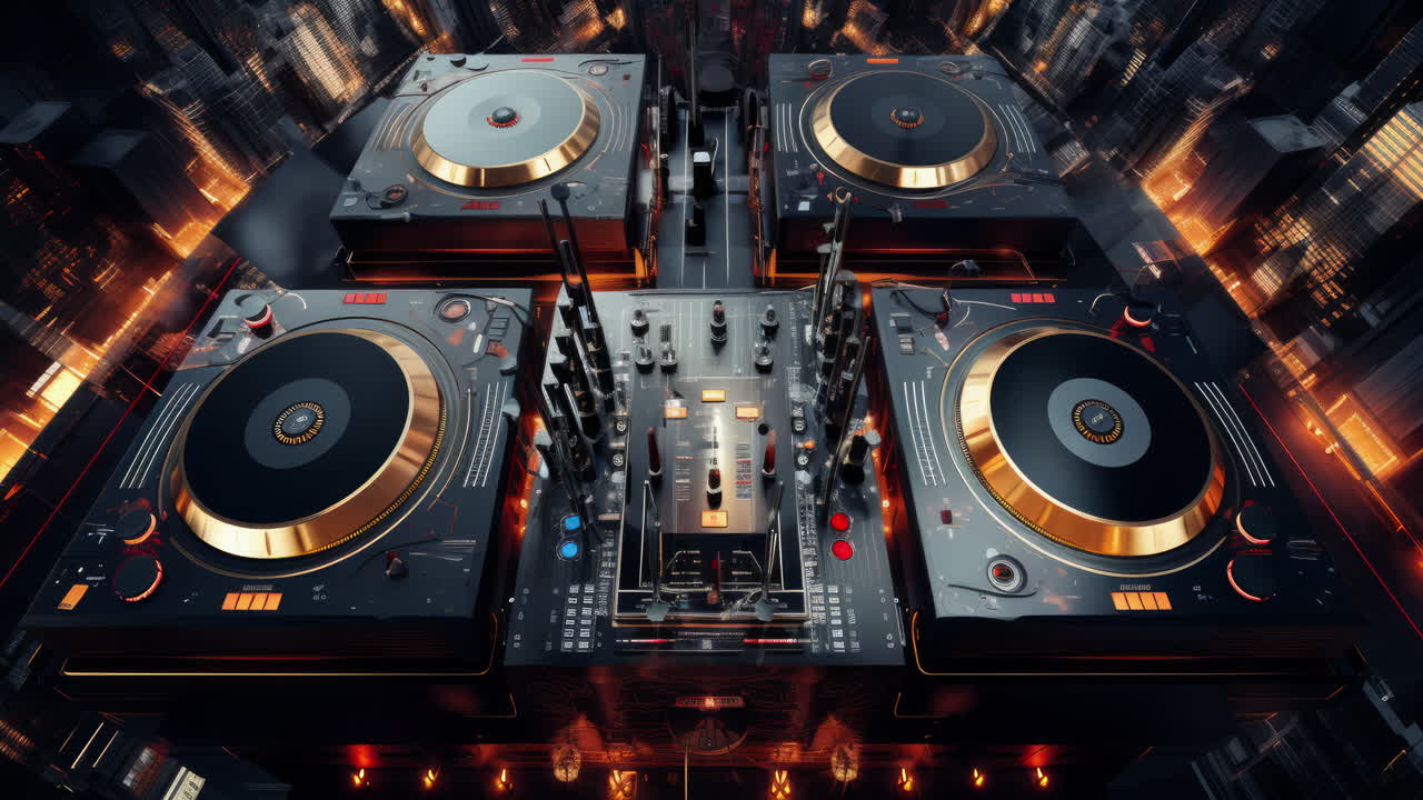 el horizonte de la ciudad cyberpunk con dj tunrtables