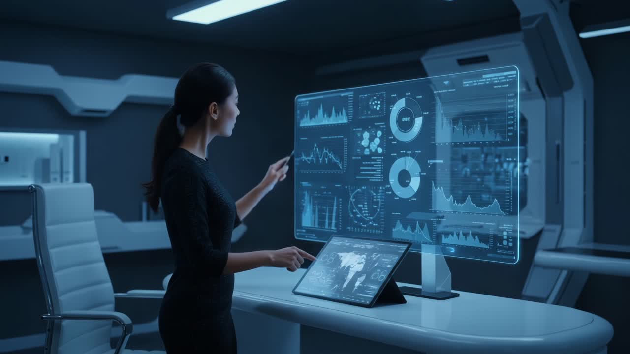 A focused individual analyzes complex data through advanced technology and digital interfaces, emphasizing analytics and intuitive interaction in a futuristic environment