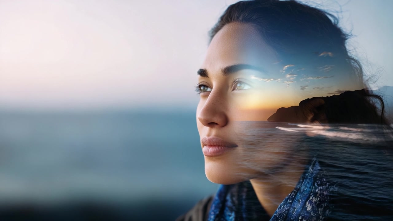 Contemplación al Atardecer: Un Retrato Sereno de una Mujer Pensativa con Reflejos del Océano y el Atardecer, Capturando la Belleza de la Naturaleza y la Emoción Humana