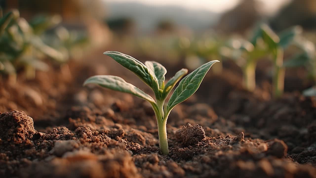 Una vista ravvicinata di una giovane piantina che emerge dal terreno fertile, catturando l'essenza della crescita e del rinnovamento nella natura durante l'ora d'oro