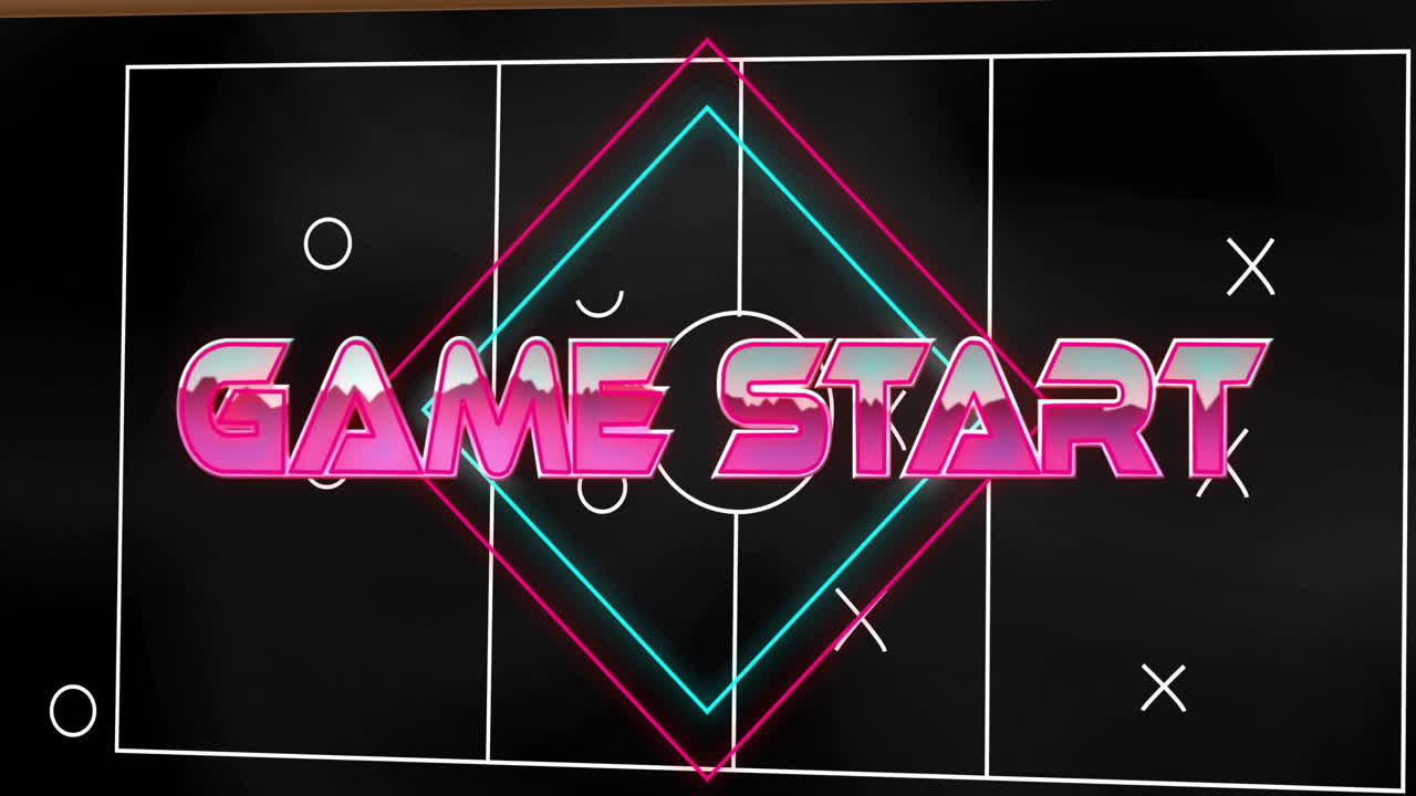 Game Start text animation over neon geometric shapes on black background