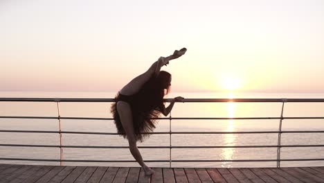 a ballerina is standing near the banister on the promenade. she is stretching, bending her legs in a vertical twine. sun shines. beautiful morning marine view