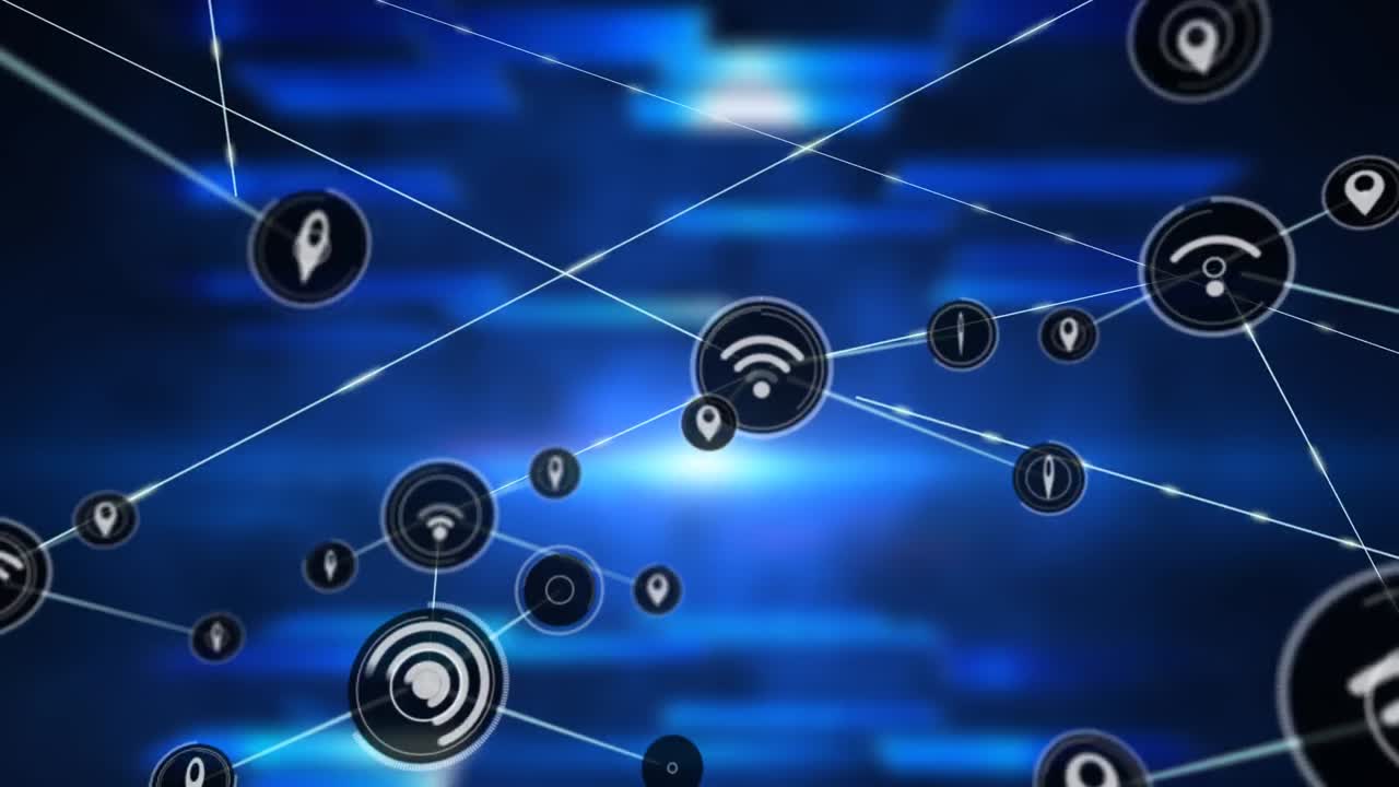 animación de la red de conexiones con iconos sobre formas sobre fondo negro