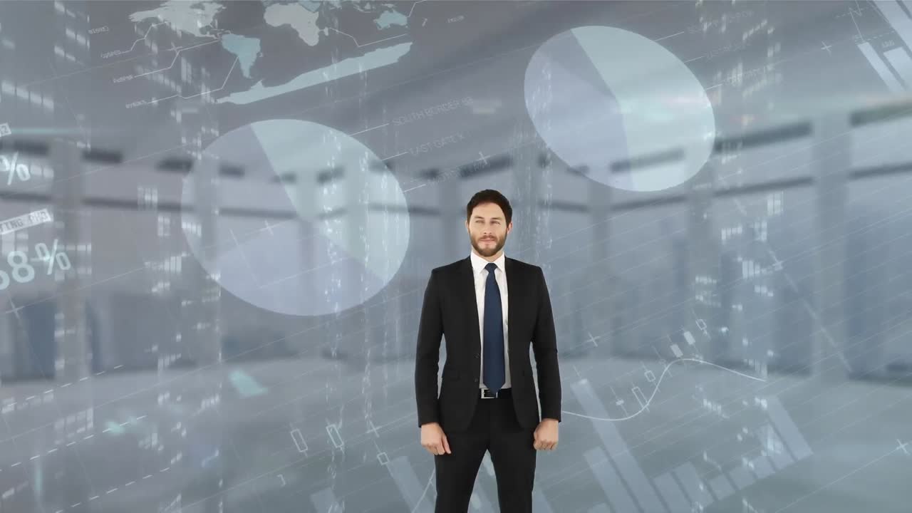 다양한 그래프와 사무실에서 코카시안 사업가의 애니메이션