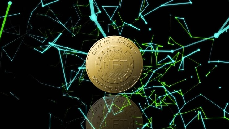 Animazione del testo NFT su una moneta d'oro e una rete di connessioni su sfondo scuro