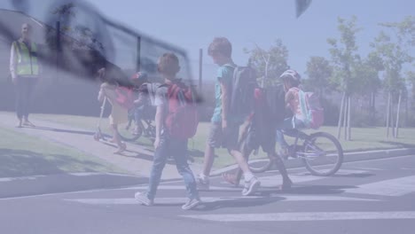 composite video of american dollar bills falling against school kids crossing the street