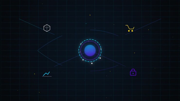 Abstract Digital Interface with Glowing Icons and Data Visualization