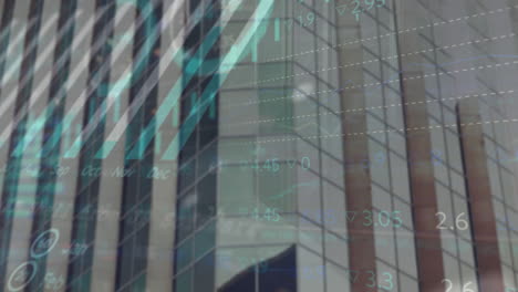 animation of statistical and stock market data processing against tall building