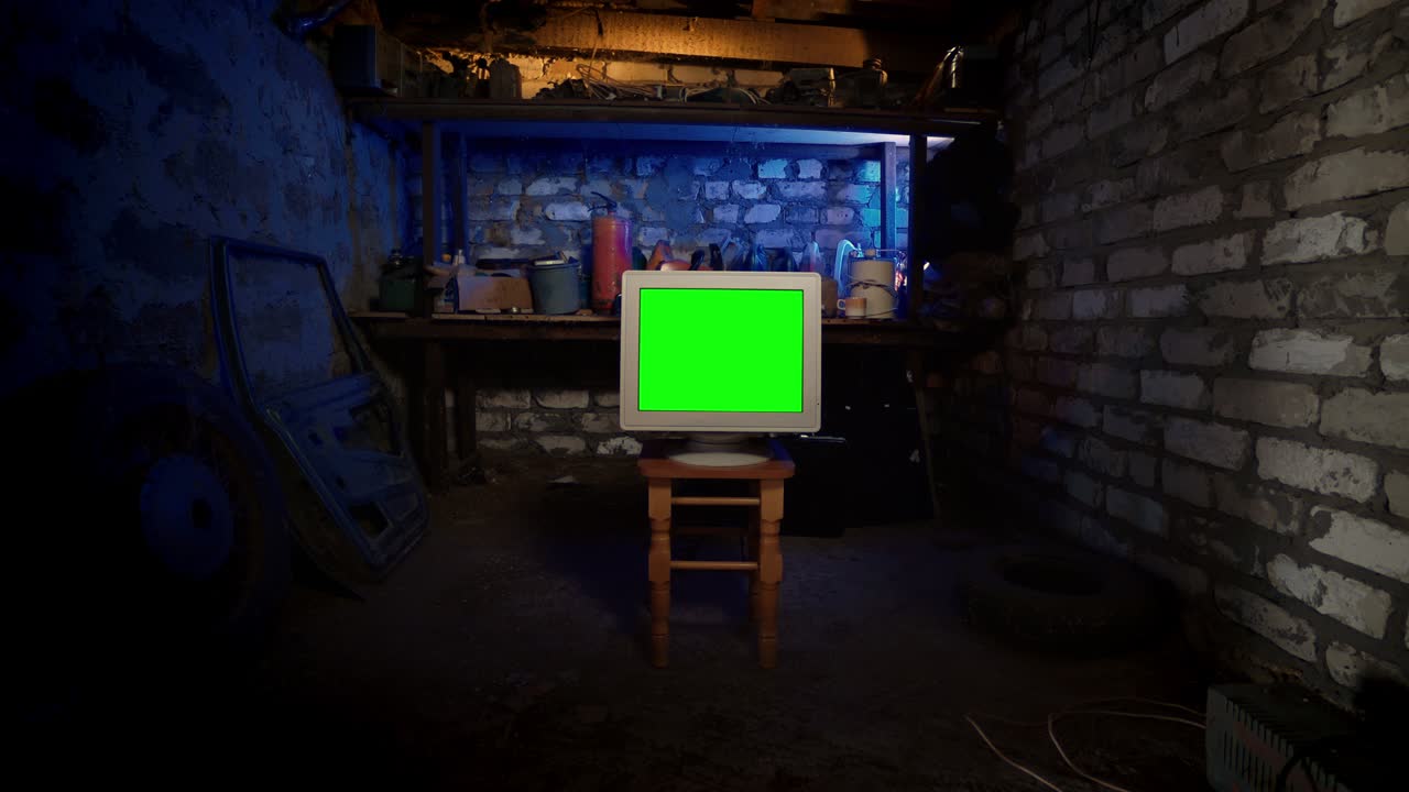 vieja computadora de los años 2000 en el garaje. técnica vintage retro. fondo verde